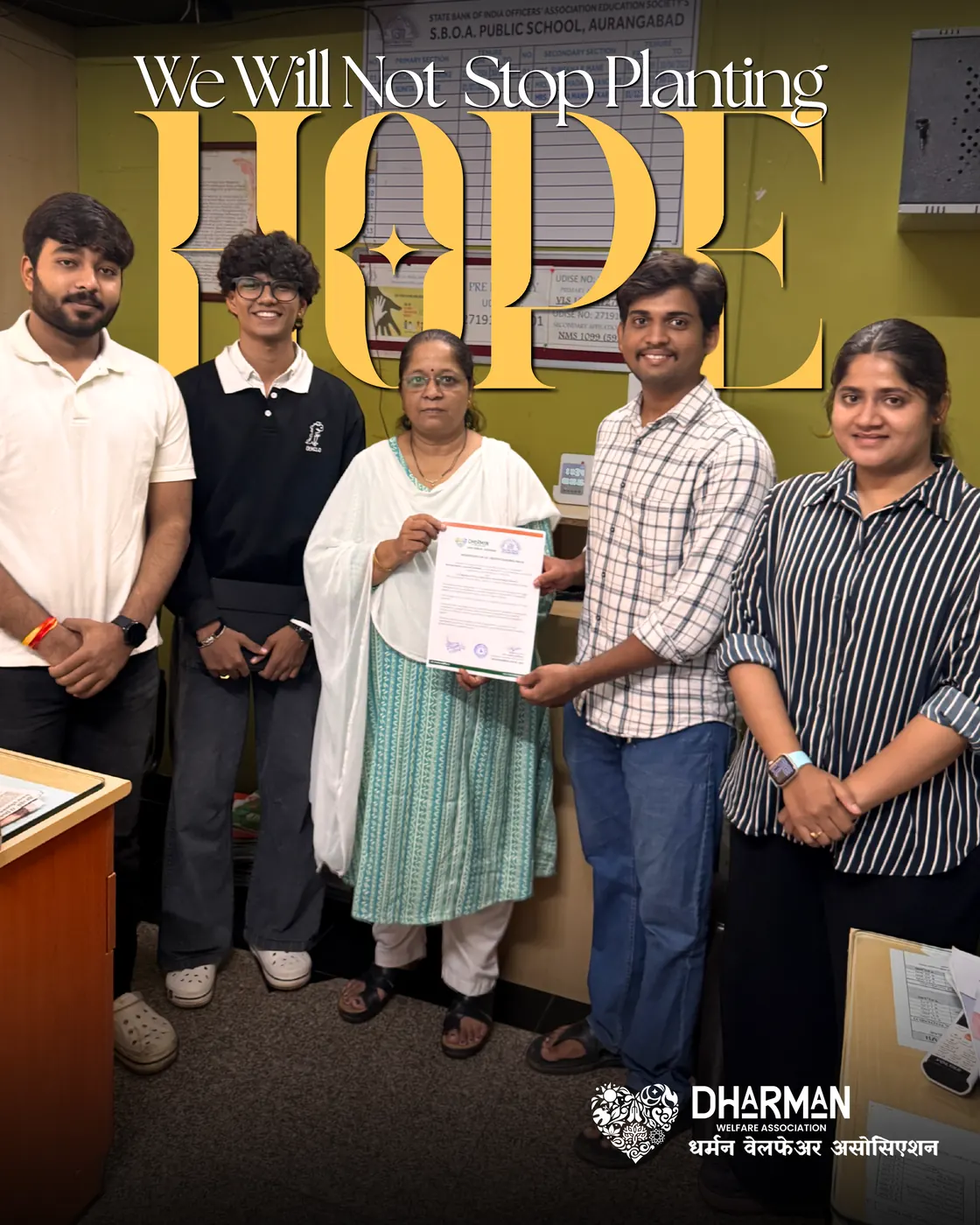 Dharman volunteers receiving a certificate, captioned “We will not stop planting hope”.