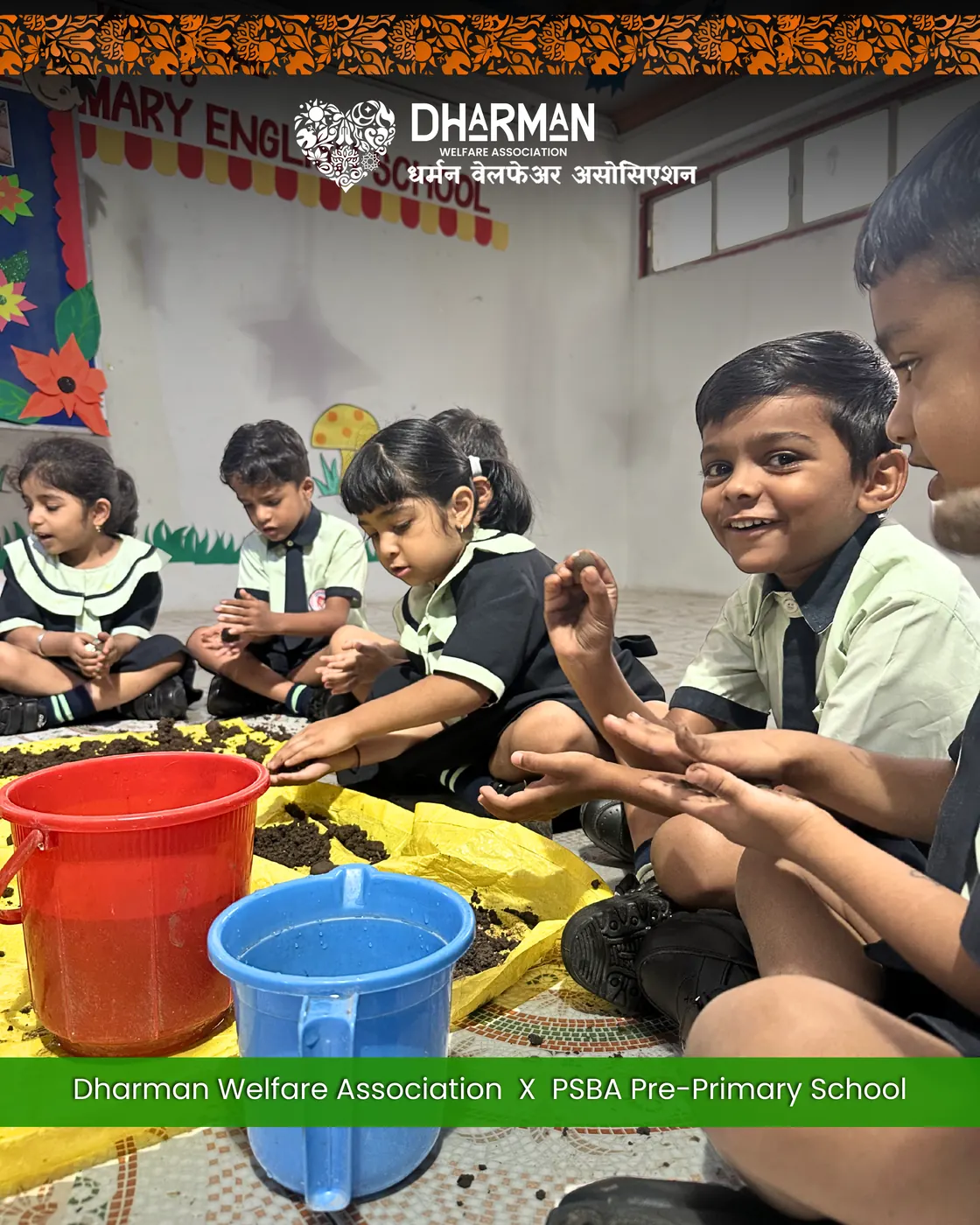 A child concentrating on rolling soil between their palms.