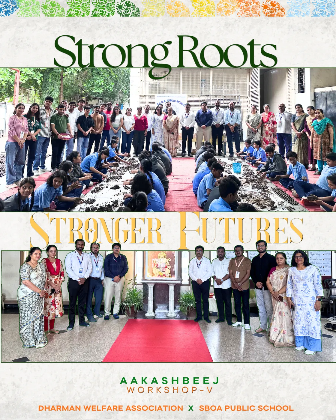 Poster for Aakashbeej Workshop V with SBOA Public School, “Strong roots, stronger futures”.