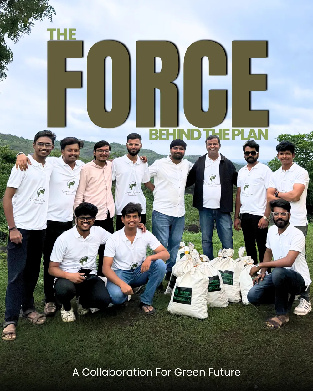 The Dharman volunteer team with sacks of seed balls before a dispersal drive.